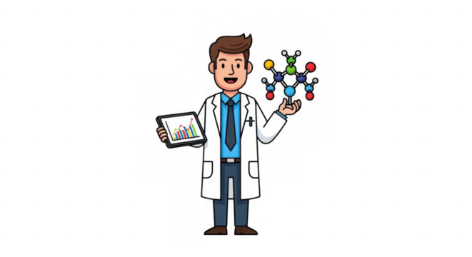 Scientist holding molecule and tablet in lab coat. - Powered by Adobe