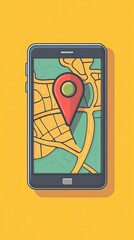 Smartphone displays a vibrant map with location pin.