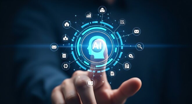 Artificial intelligence concept with glowing network and icons