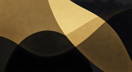 Overlapping curved geometric shapes in shades of gold and black abstract