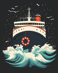 A vintage ship sailing through turbulent waves.