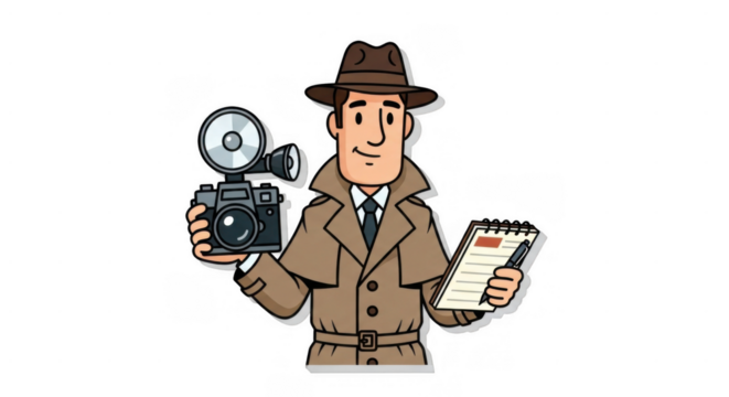 Cartoon Paparazzo with Camera and Notepad Ready for Action.