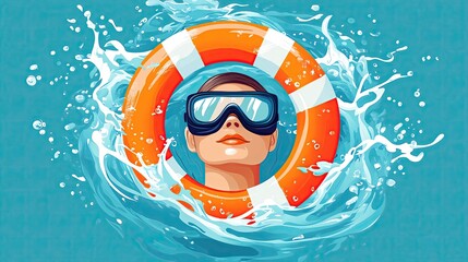 Person swimming with life buoy in blue water.