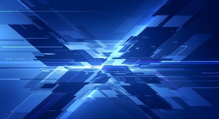 Abstract geometric digital  with intersecting planes and light streaks in various shades of blue