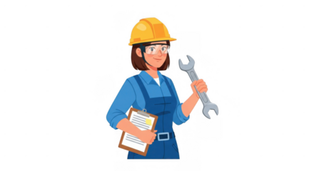 Woman construction worker holding wrench and clipboard with blueprints.