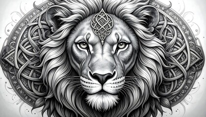 Intricate black and white lion portrait framed by elaborate celtic knotwork, showcasing detailed mane and facial features.