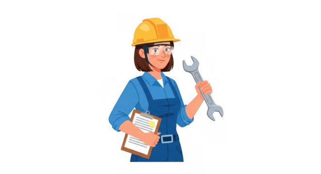 Woman construction worker holding wrench and clipboard with blueprints. - Powered by Adobe
