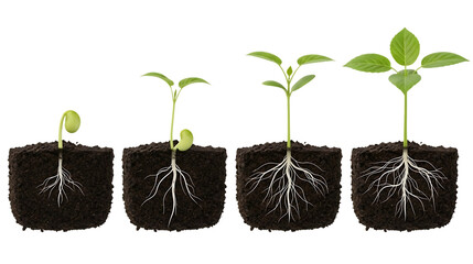 Four Stages of Plant Development in Soil Against Transparent Background
