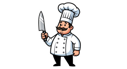 Naklejka premium Chef with knife cartoon illustration professional cook food preparation culinary art.