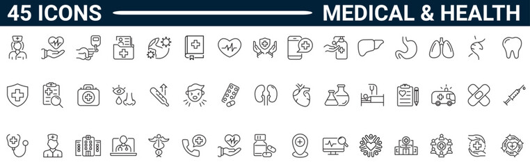 Medical & Healthcare line editable icon set. Containing medical, pharmacy, cardiology, doctor, nurse, insurance, test tube, etc. Editable stroke. Vector illustration
