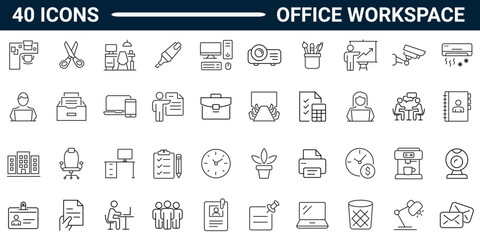Office workspace line icon set. Includes Office, remote working, meeting, co-worker, workspace, desk, computer. Editable stroke. Vector illustration