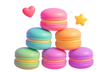 Obraz premium Colorful pastel macarons stacked in pyramid style with floating heart and star, glossy abstract style, isolated on clean white background. Ai generative