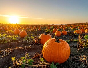 Pumpkin patch at sunset with many pumpkins in a field.