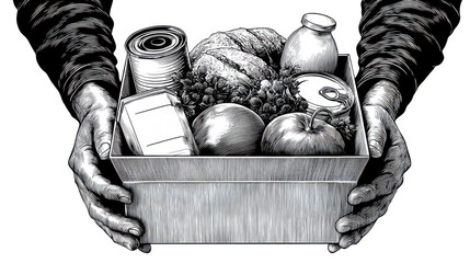 Hands holding a box filled with food items including canned goods, bread, fruits, and dairy, symbolizing community support and generosity during Thanksgiving Day celebrations