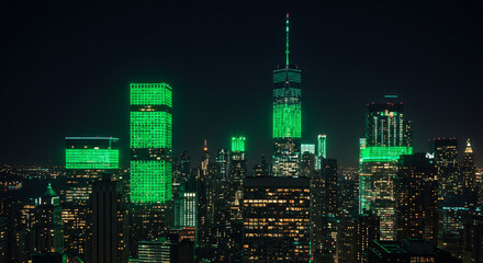 Obraz premium City Skyline Illuminated in Green Lights at Night for Climate Week