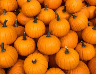 A large pile of bright orange pumpkins with green stems, ready for fall harvest and Halloween.