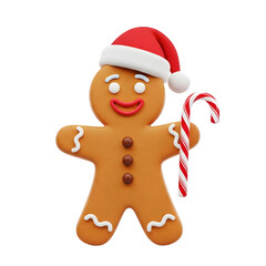 Gingerbread man with santa hat holding candy cane isolated on transparent background