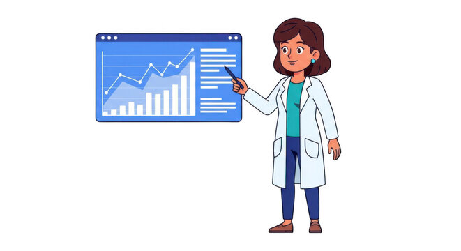 Female doctor scientist presenting medical data analysis on screen.