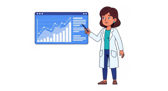 Female doctor scientist presenting medical data analysis on screen.