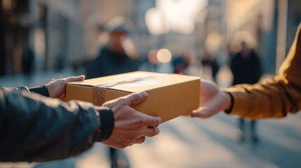 Individual handing a package to a delivery worker curbside main subjects clear while urban background is softly out of focus highlighting easy curbside return steps.