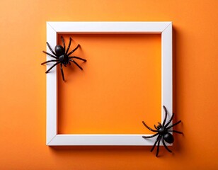 Halloween frame with spiders on orange background.