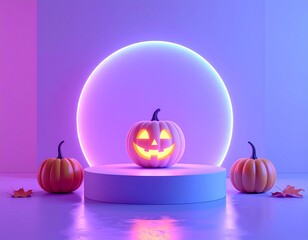 Halloween scene with pumpkins on a podium and neon circle in the background.
