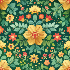 Seamless pattern dark green background and ornamental golden flower line drawing seamless textile design vector10