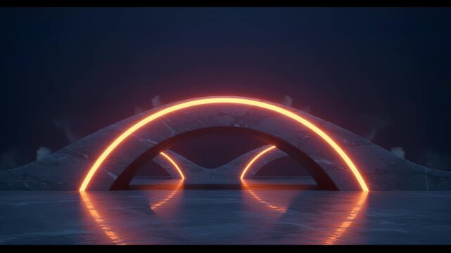 Abstract Orange Lit Archways on Reflective Surface Against Dark Background Art Illustration