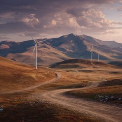 Winding dirt road through a landscape of rolling hills, with wind turbines in the background under a dramatic sky