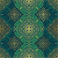 Seamless pattern dark green background and ornamental golden flower line drawing seamless textile design vector16