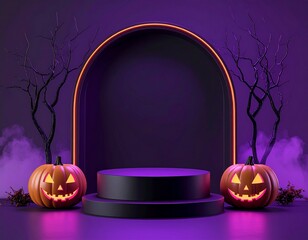 Halloween scene with pumpkins, arch, platform, and spooky trees on a purple background.