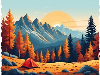 Vector illustration camping autumn in the mountains
