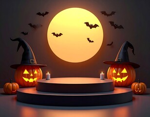 Halloween scene with pumpkins, bats, and a full moon backdrop.
