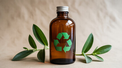 Amber glass bottle with green recycling symbol and plant sprigs