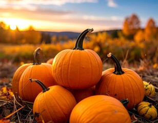 A vibrant image of pumpkins in a field at sunset, evoking autumn.