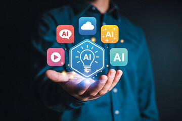 Person holding a glowing hexagon with ai and technology icons