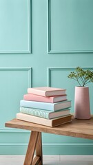 Stack Of Pastel Colored Books On Wooden Table With Pink Vase And Green Plant Against Turquoise Wall Background