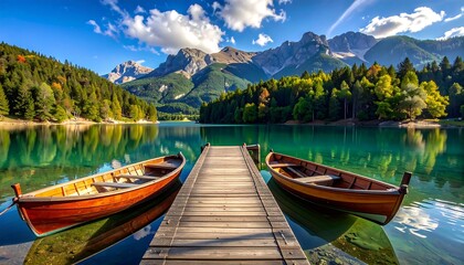 Serene Mountain Lake Scenery with Wooden Boats