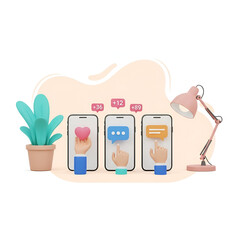 Social media engagement concept with hands interacting with phone screens showing likes, messages, and notifications, isolated on white background