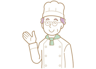 手で指し示すベテランのコックさんのイラスト