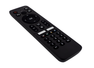 Close up, black remote control for TV (television), isolated on transparent background.