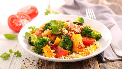Colorful vegetable couscous dish on a plate