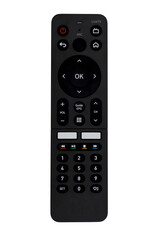 Top view, black remote control for TV (television), isolated on transparent background.