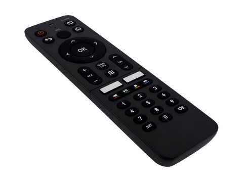 Close up, black remote control for TV (television), isolated on transparent background.