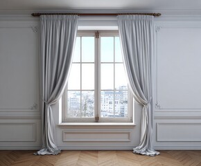 Fototapeta premium A light-gray window draped with elegant curtains in a stately interior room.