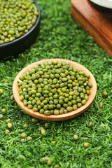 Fresh Green Mung Beans in Wooden Bowl - Organic Healthy Legumes for Cooking