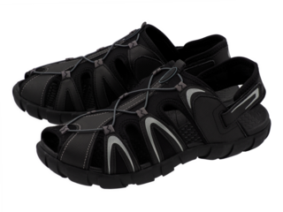 Shoes, black hiking sandals for travel and adventure, suitable for all outdoor weather conditions and comfortable to footwear, isolated on transparent background.