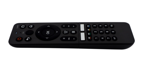 Close up, side view, black remote control for TV (television), isolated on transparent background.