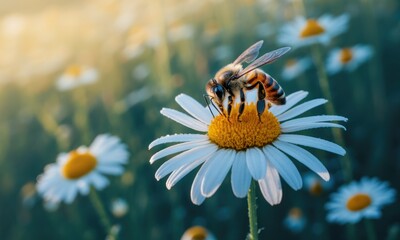 Obraz premium Honeybee on a daisy flower, bathed in golden sunlight, amongst a field of daisies