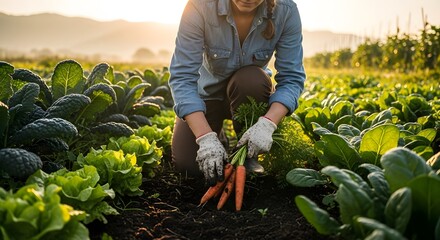 Farmer harvesting fresh carrots by hand in lush vegetable field during sunrise.